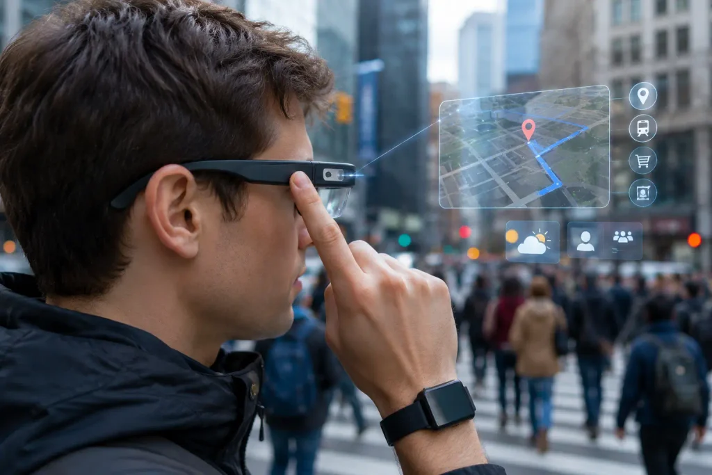 A person using smart glasses to locate his planned destination