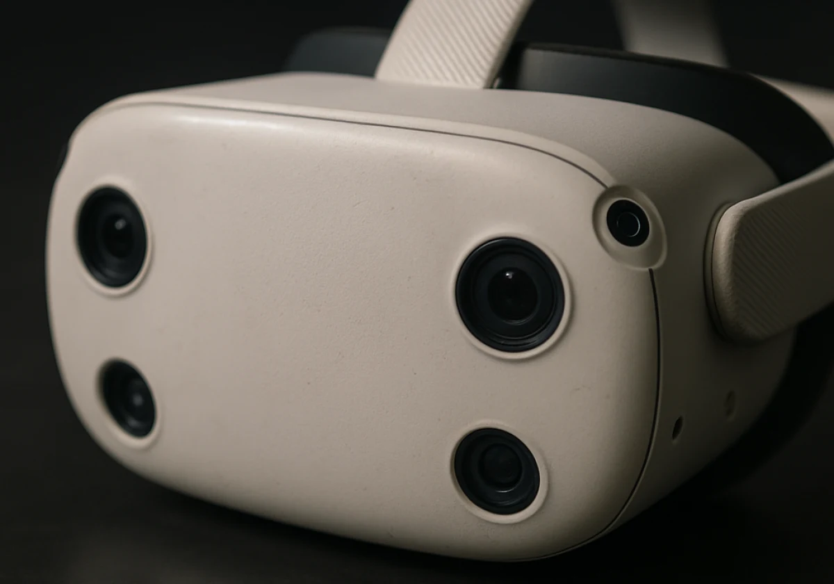 Close-up photograph of a white VR headset positioned on a dark table