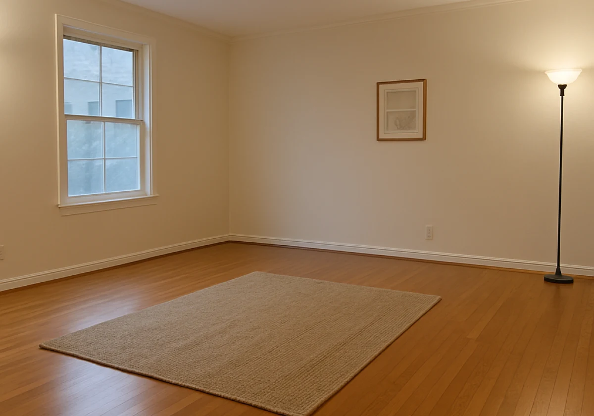 Spacious living room cleared of furniture with a polished wooden floor