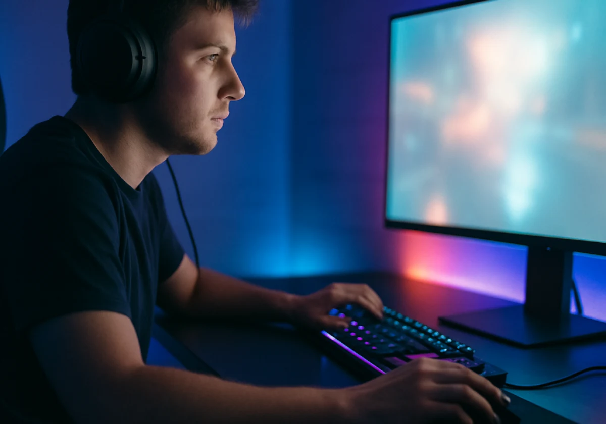 Gamer seated at a desk with hands positioned on a mechanical keyboard