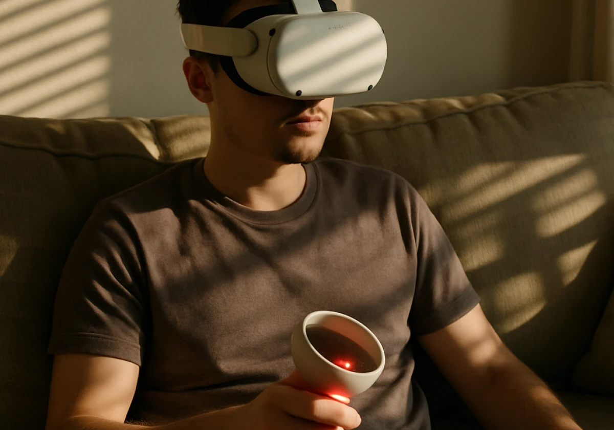 Person sitting on a couch in a living room wearing a Meta Quest